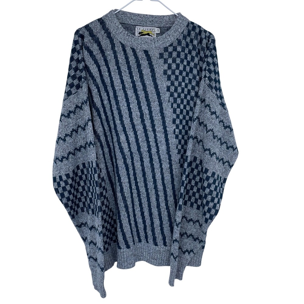Vintage 80s Le Tigre Knit Crewneck Sweater Gray Blue Geometric USA Made XL Tall